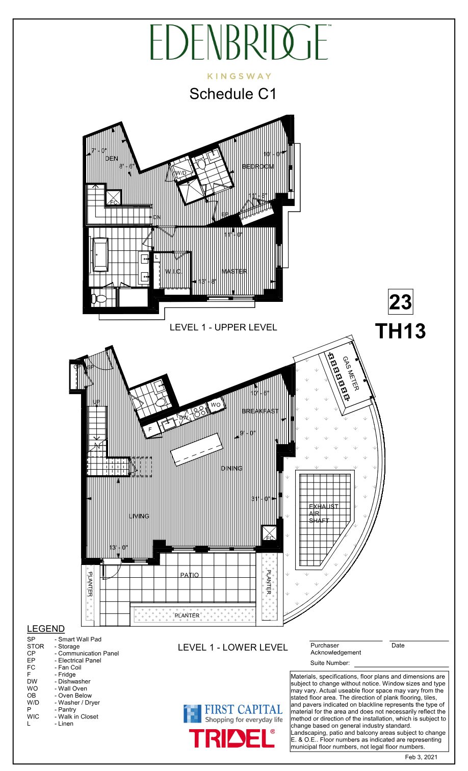 Edenbridge townhome floor plan TH13, two levels with patio