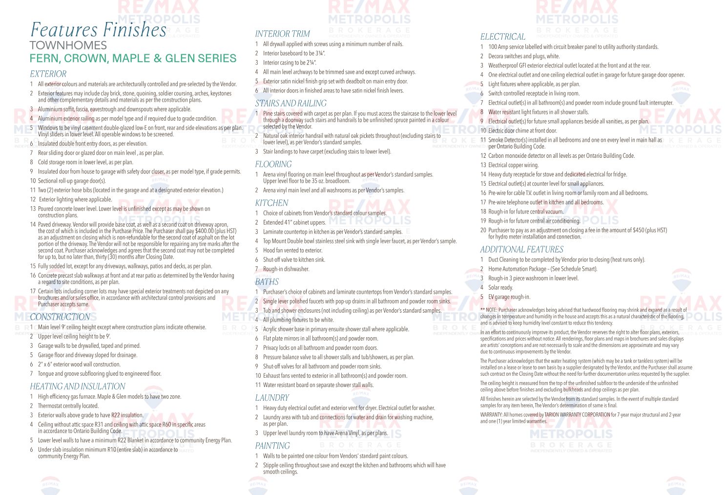 Unionglen features and finishes sheet
