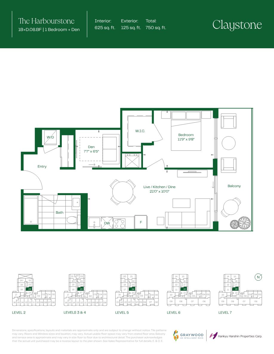The Harbourstone floor plan: 1 Bedroom + Den with walk-in closet, 21 ft living/kitchen/dining and 125 sq.ft. balcony at Claystone