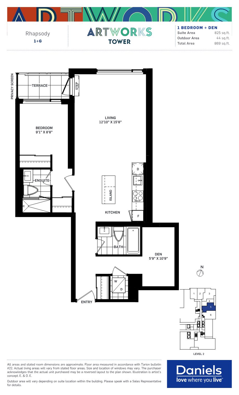 Rhapsody 1-bedroom plus den floor plan at Artworks Tower with terrace