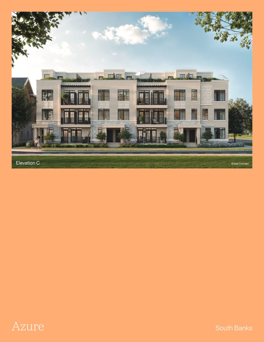 Elevation C artist's concept: light brick and stone townhome block with rooftop terraces