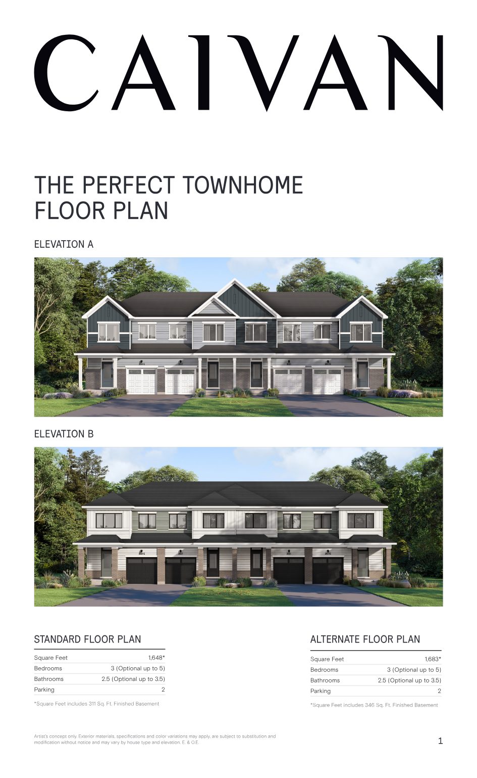 The Perfect Townhome floor plan with Elevation A and Elevation B renderings and floor plan specifications