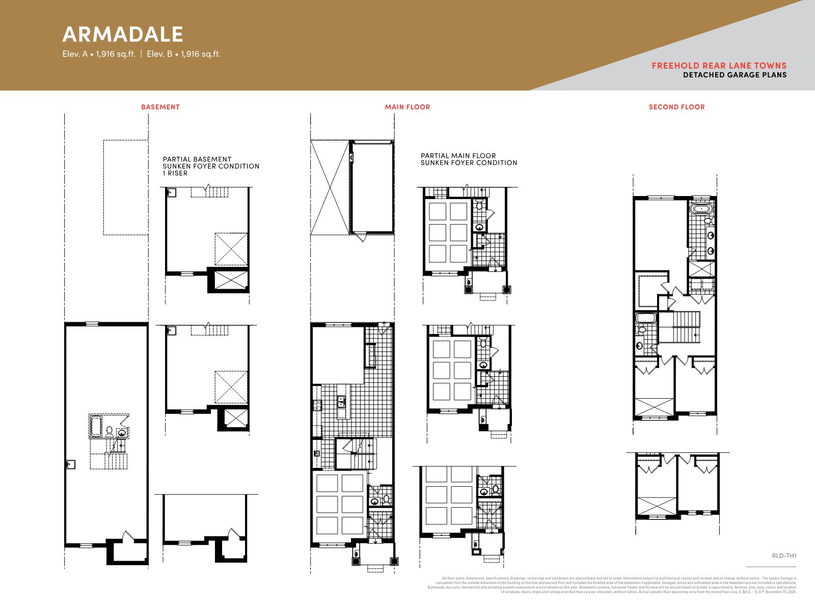 Armadale floor plan, 1,916 sq.ft., freehold rear-lane town with detached garage, basement, main and second floors