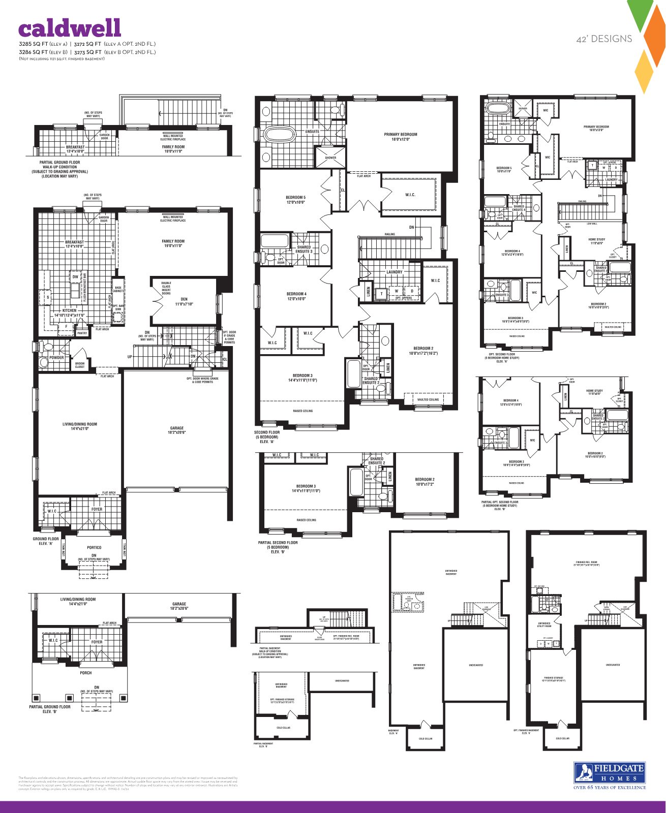 Caldwell 42' design floor plans showing ground, second floor and basement layouts