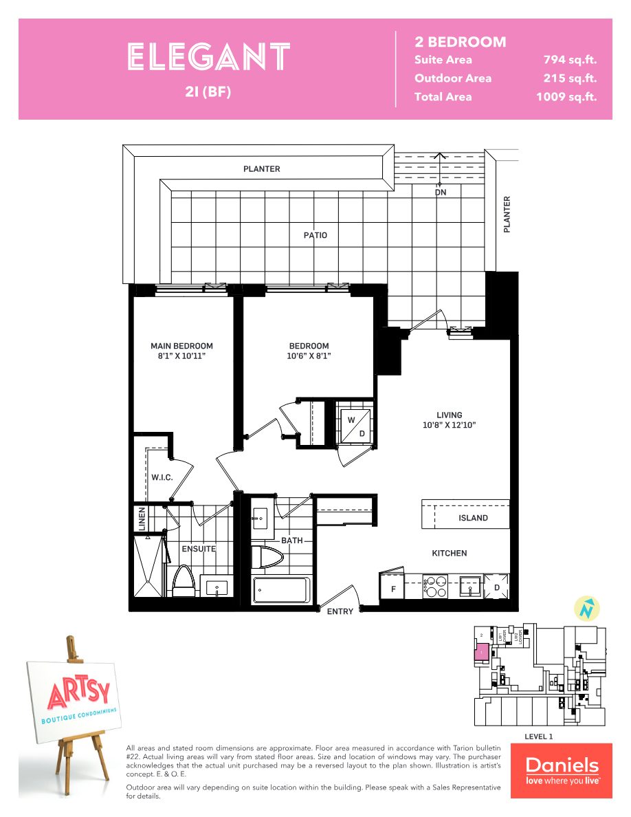 Elegant 2-bedroom floor plan at Artsy Boutique Condominiums with 215 sq ft patio
