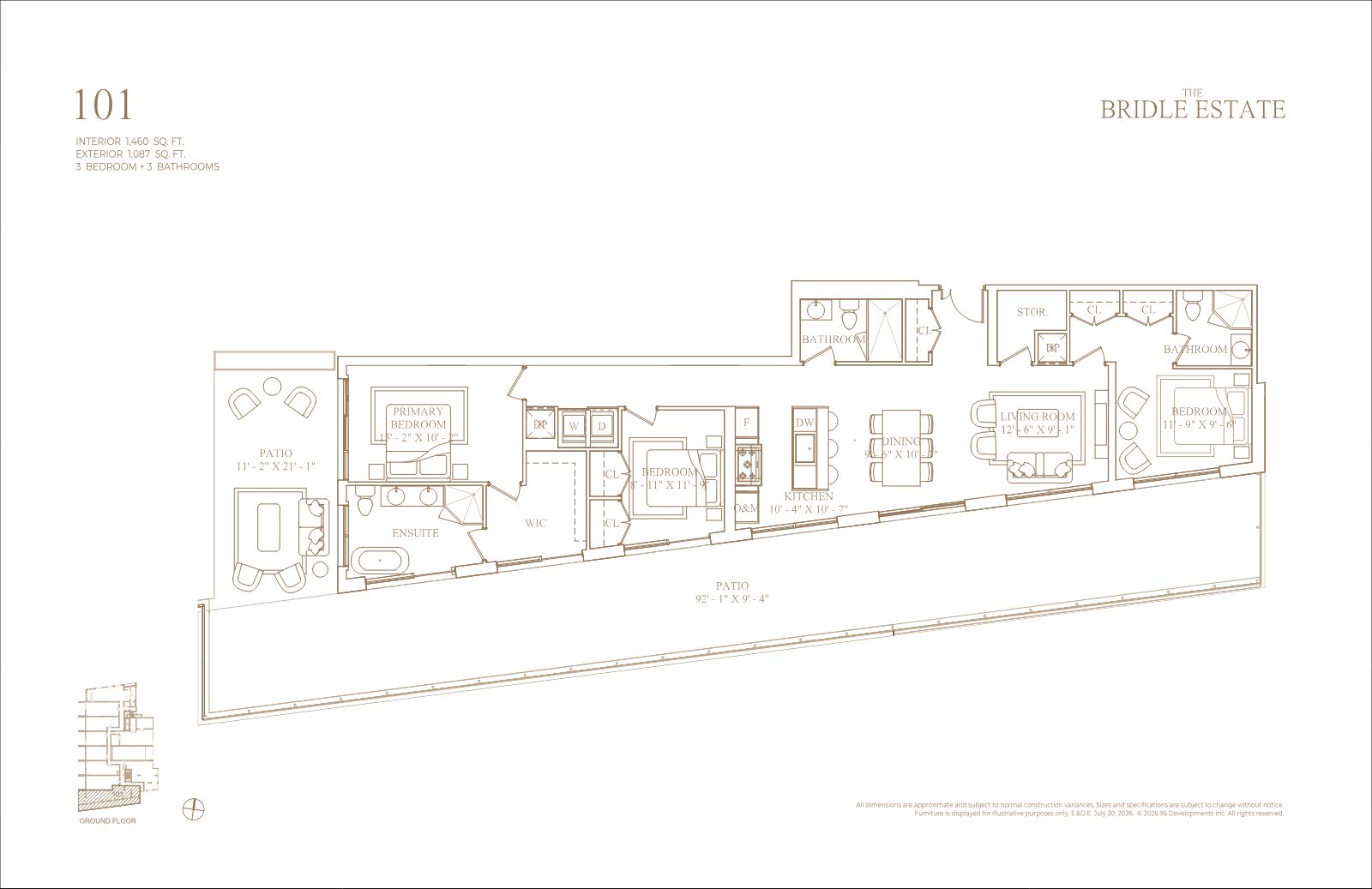 Floor plan of suite 101, 3 bedrooms and 3 bathrooms with a 92-foot patio