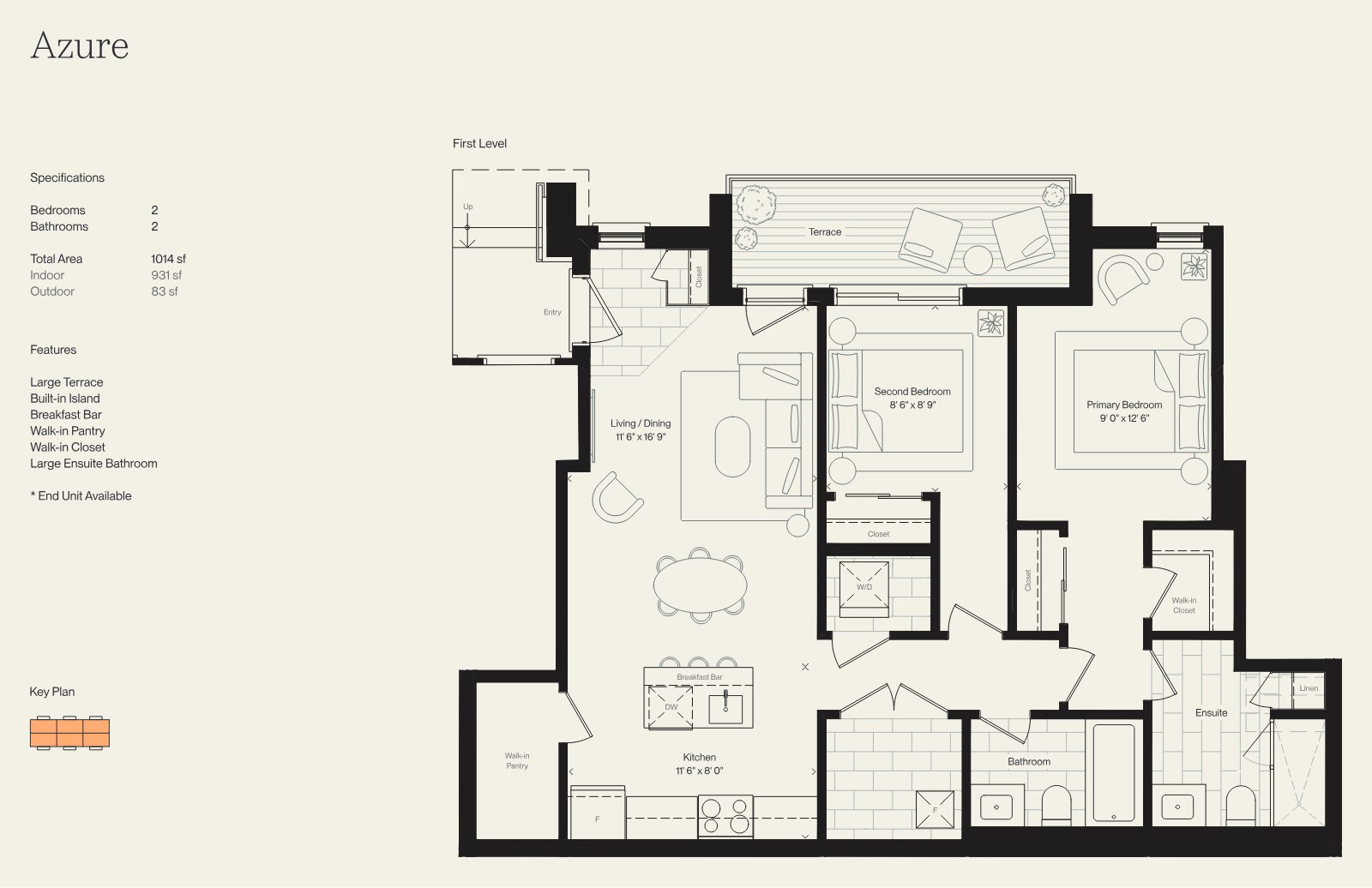 Azure floor plan: 2 bedroom, 2 bathroom single-level suite with terrace