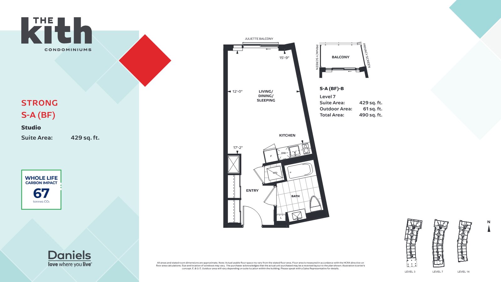 Strong S-A (BF) studio floor plan, 429 sq. ft.