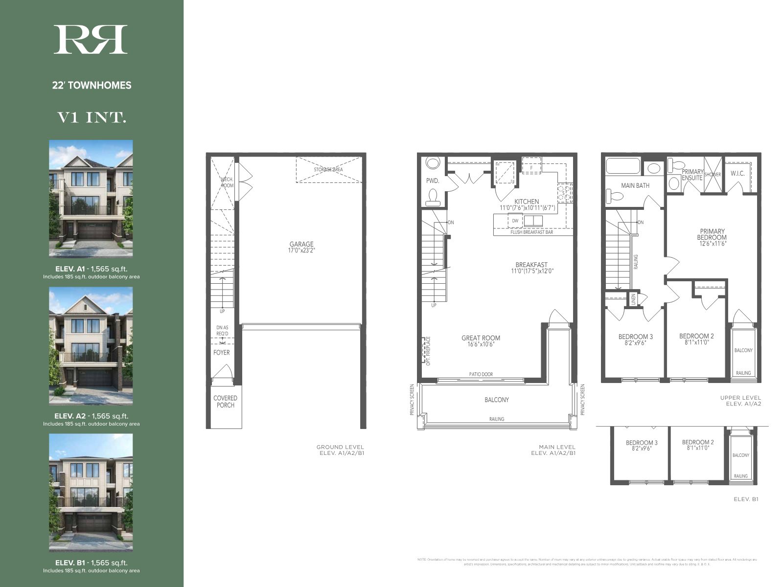V1 Interior 22-foot townhome floor plan, 1,565 sq ft