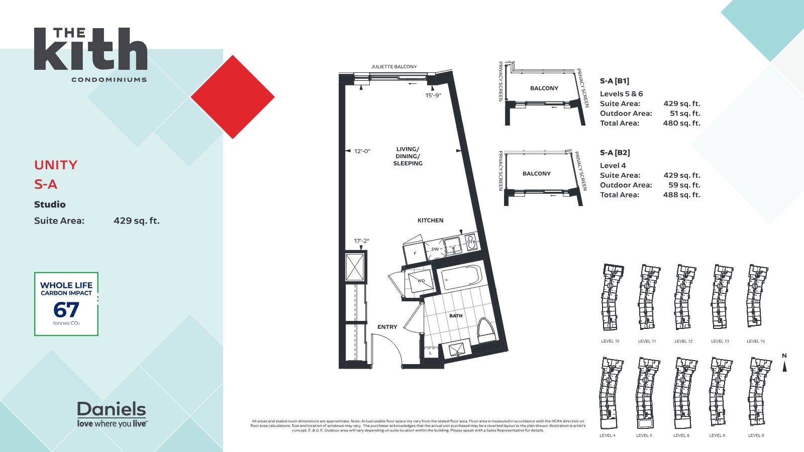 Unity S-A studio floor plan, 429 sq. ft.