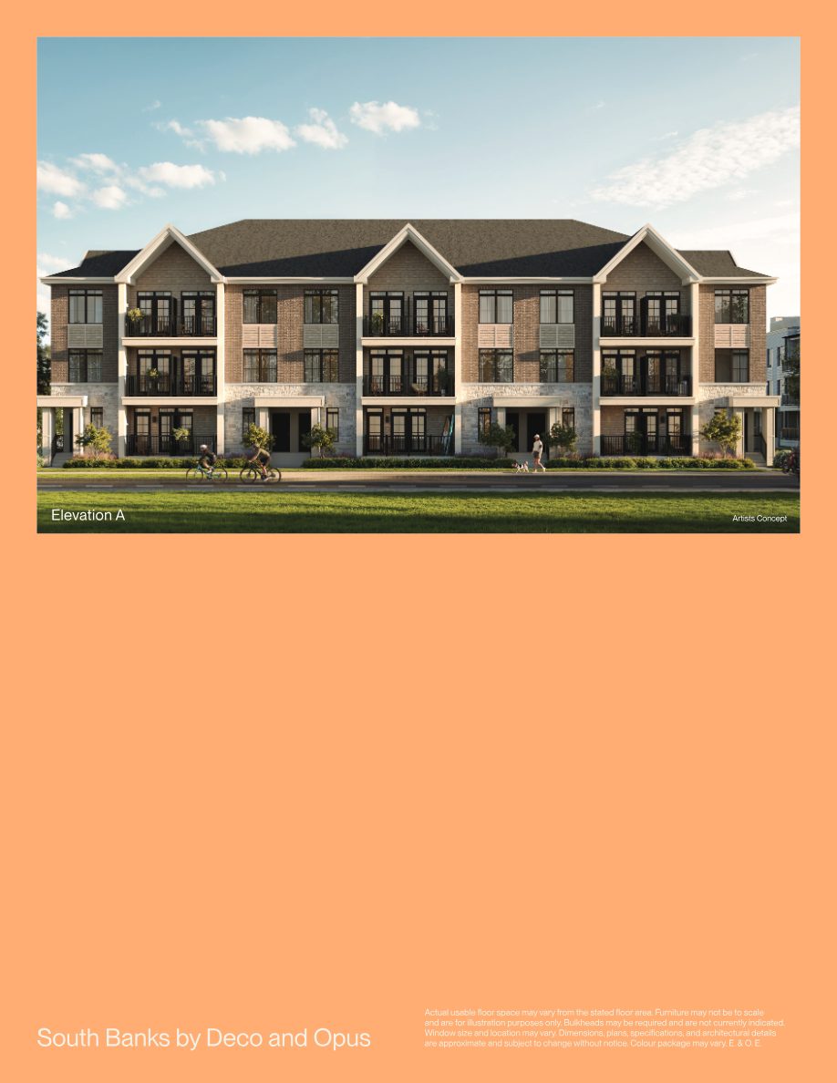 Elevation A artist's concept: brick and stone townhome block with gabled roofline and balconies