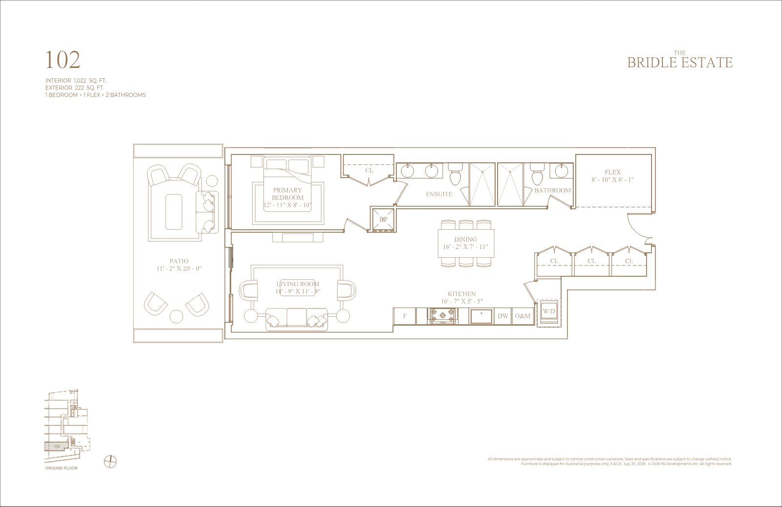 Floor plan of Suite 102, one bedroom plus flex with two bathrooms