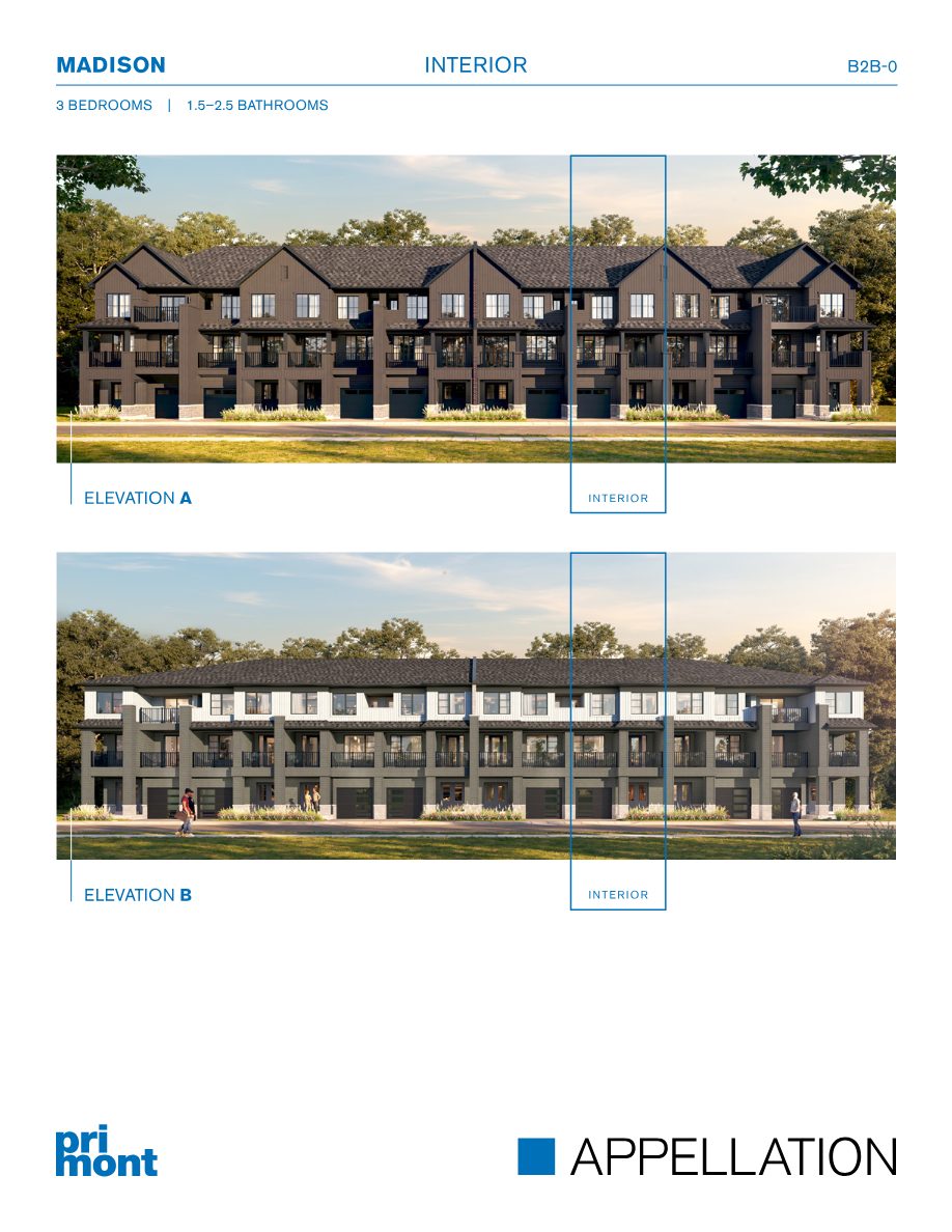 Back-to-back 3-storey townhome elevation rendering at Appellation