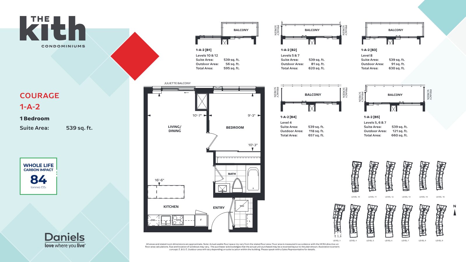 Courage 1-A-2 one-bedroom floor plan, 539 sq. ft.