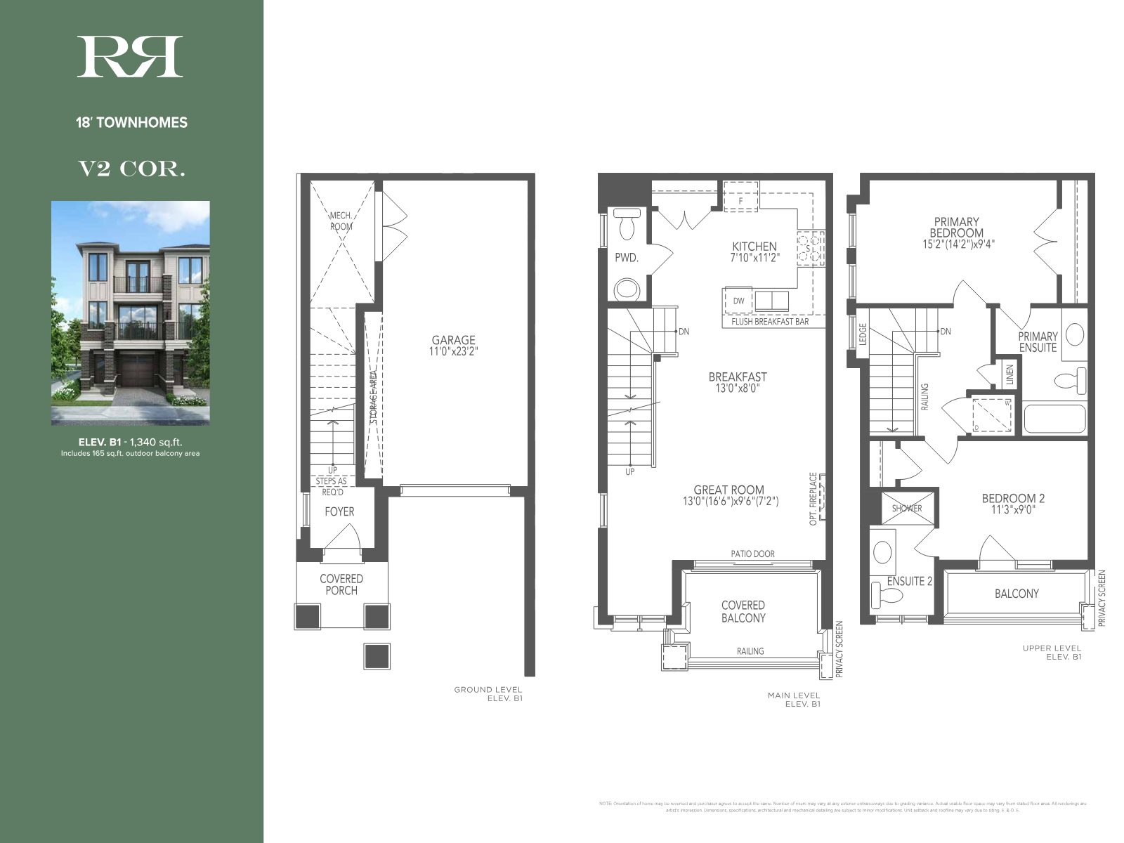 V2 Corner 18-foot townhome floor plan, 1,340 sq ft