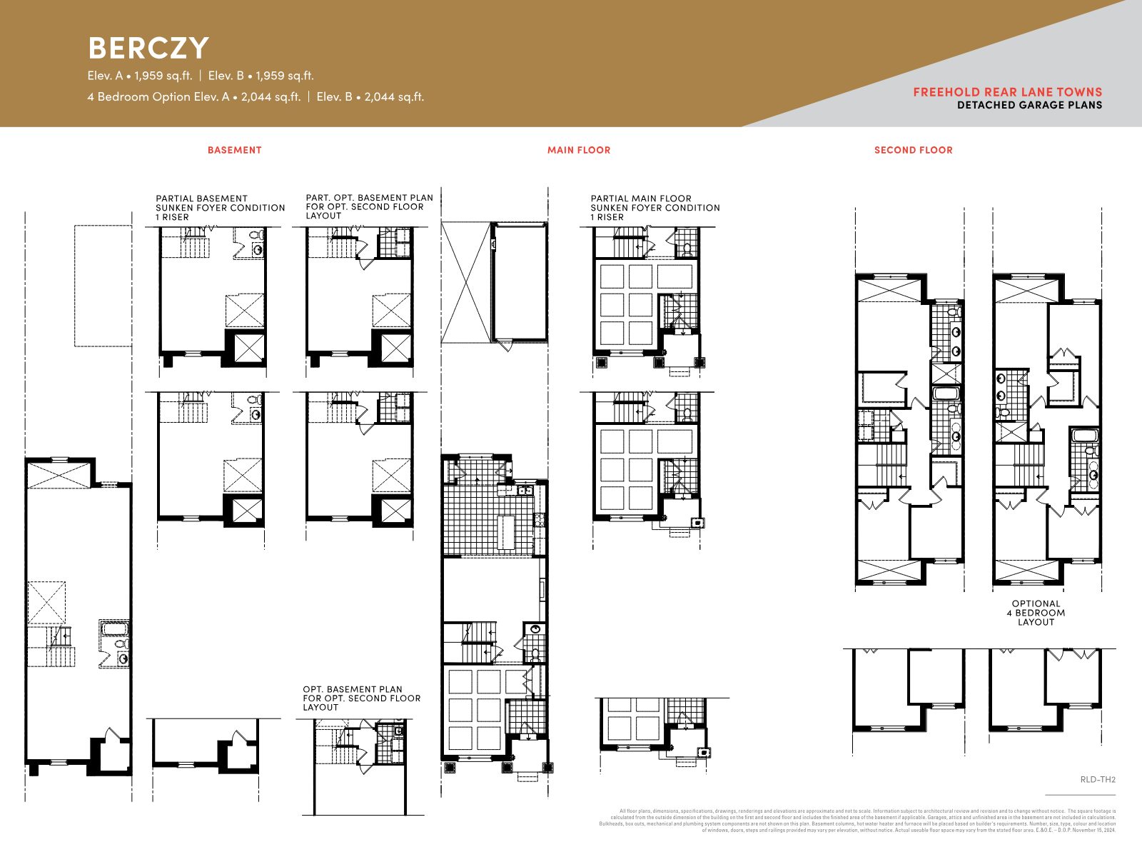 Berczy floor plan, 1,959 sq.ft. with optional 4-bedroom layout at 2,044 sq.ft., detached garage