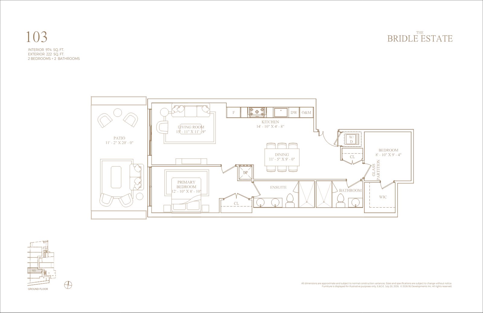 Floor plan of Suite 103, two bedrooms and two bathrooms