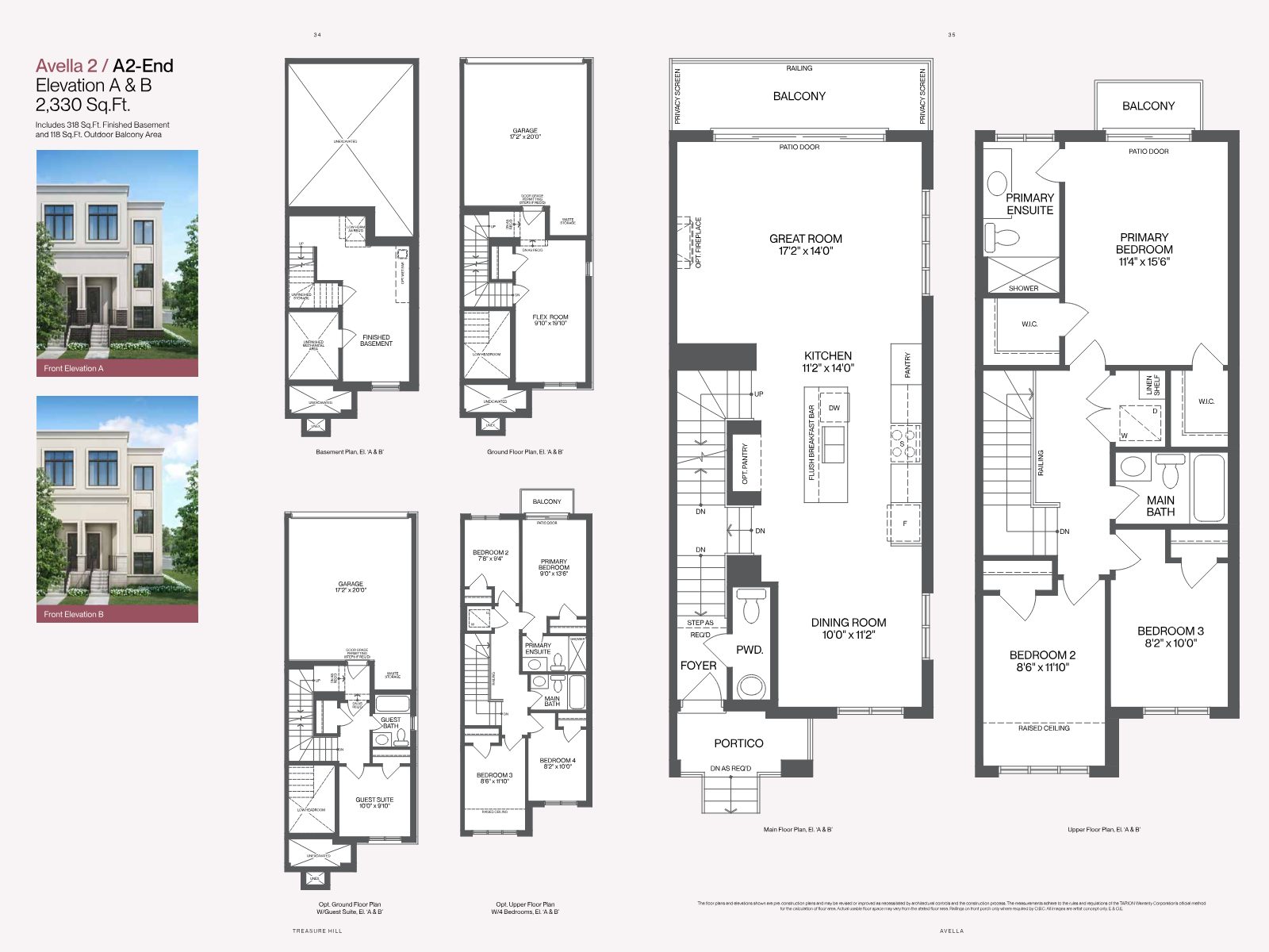 Avella townhome floor plan detail showing great room, kitchen and bedrooms