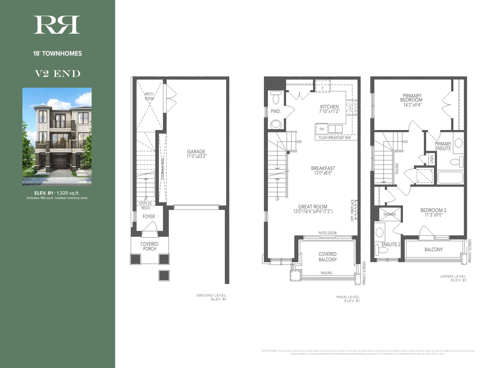 V2 End 18-foot townhome floor plan, 1,325 sq ft