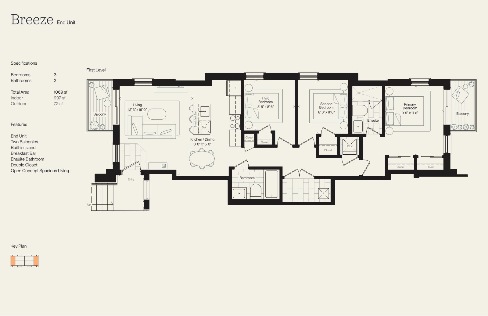 Breeze end unit floor plan: 3 bedrooms, 2 bathrooms, open-concept living with two balconies