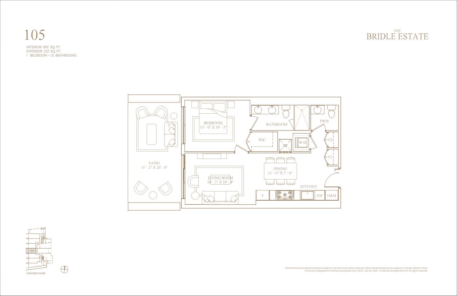 Floor plan of suite 105, 1 bedroom and 1.5 bathrooms with patio