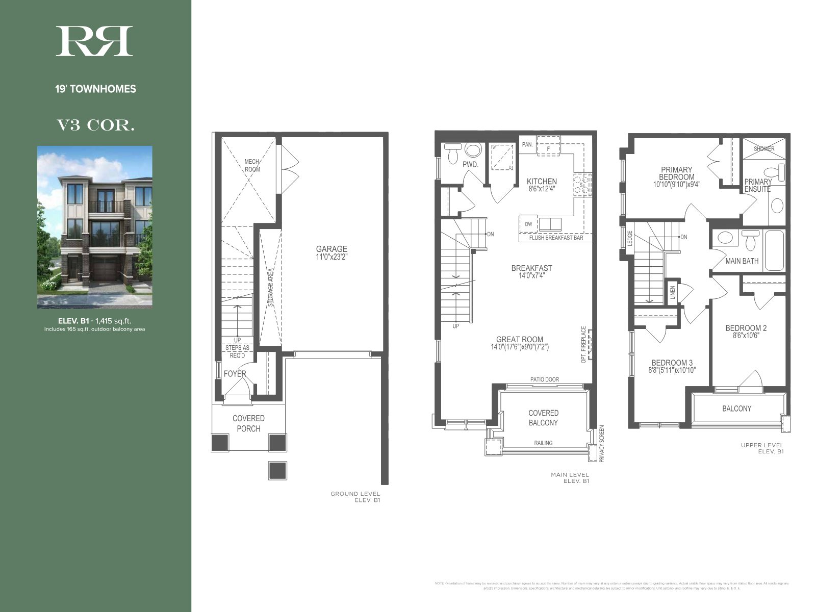 V3 Corner 19-foot townhome floor plan, 1,415 sq ft