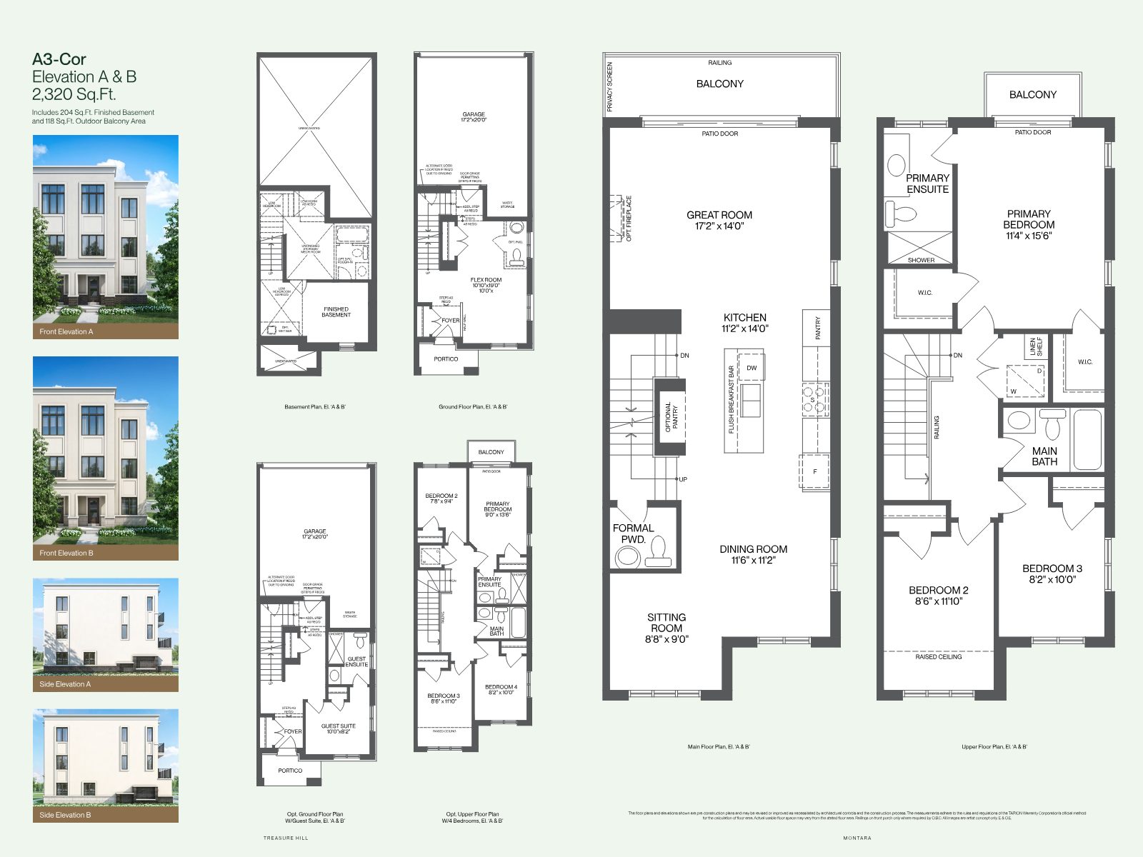 Montara A3-Cor floor plans with front and side elevations A and B