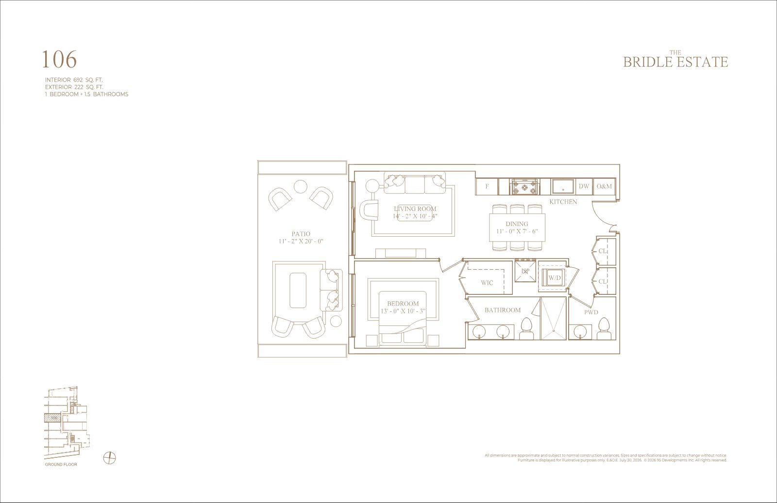 Floor plan of Suite 106, one bedroom and one and a half bathrooms