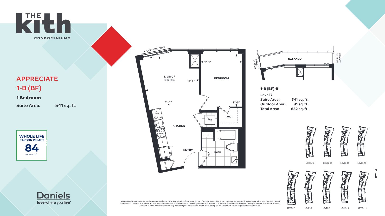 Appreciate 1-B (BF) one-bedroom floor plan with walk-in closet, 541 sq. ft.