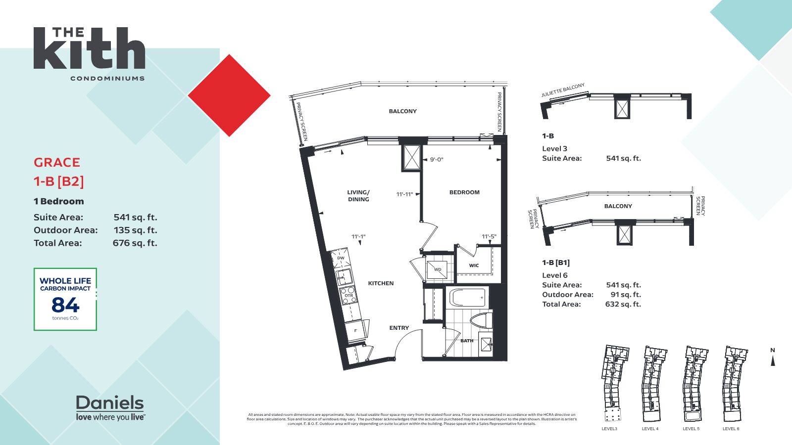 Grace 1-B [B2] one-bedroom floor plan, 541 sq. ft. plus 135 sq. ft. balcony