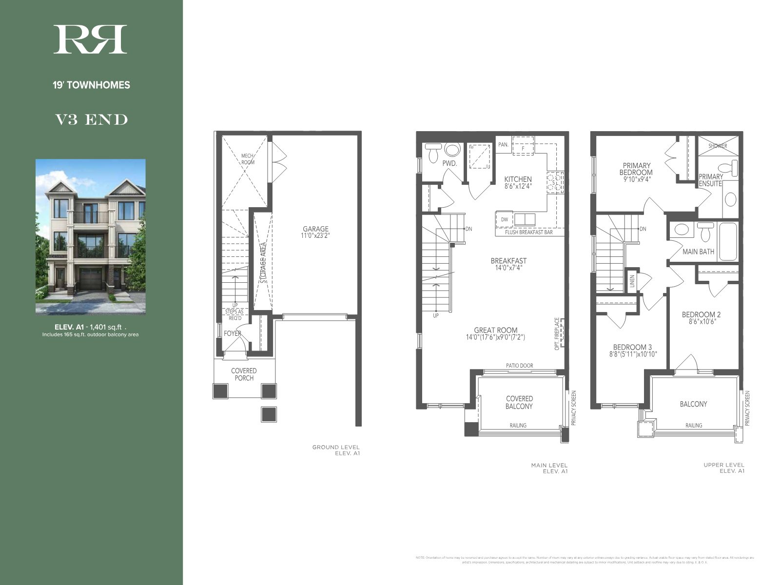 V3 End 19' townhome floor plan, 1,401 sq ft