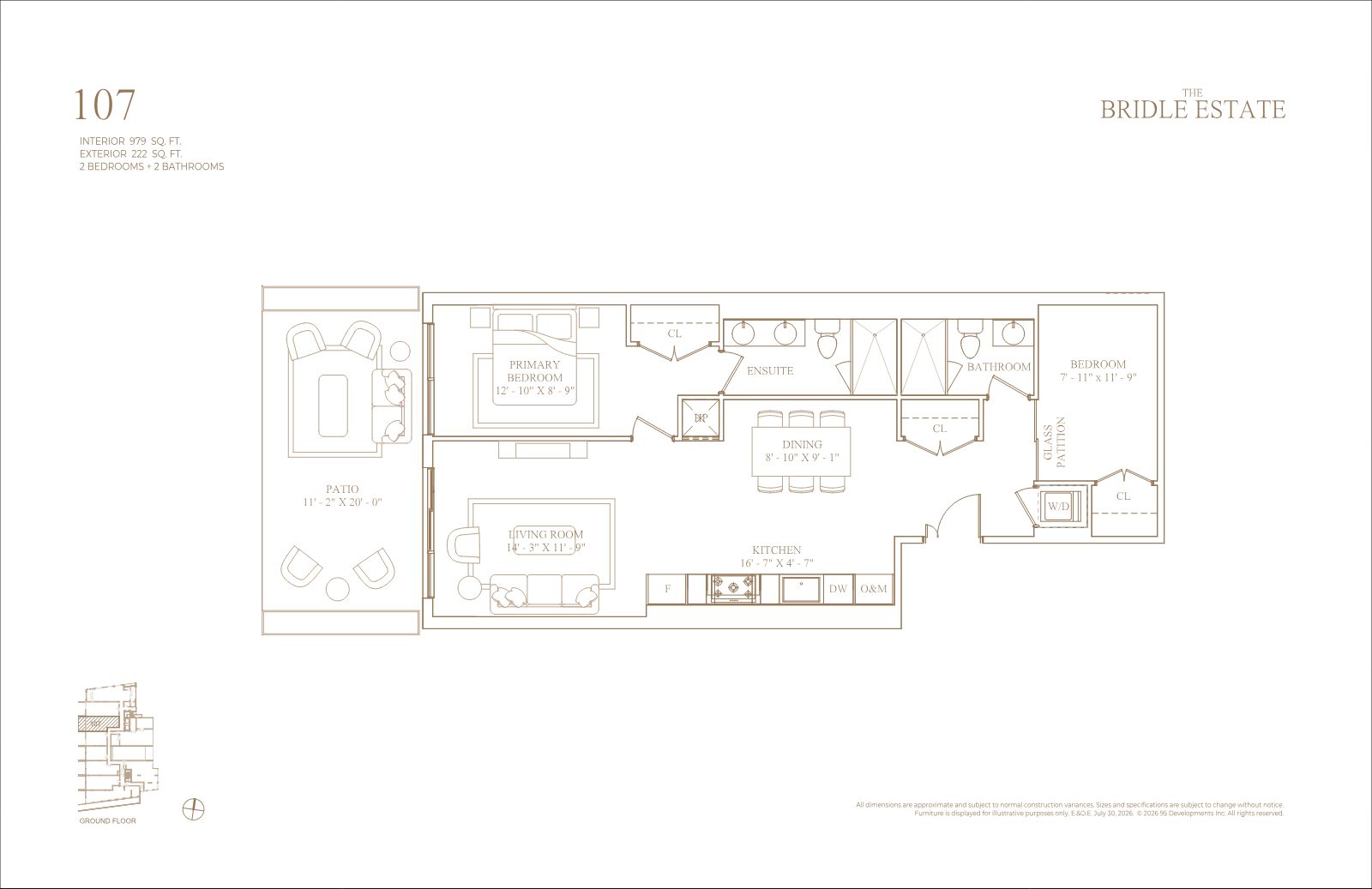 Floor plan of suite 107, 2 bedrooms and 2 bathrooms with patio