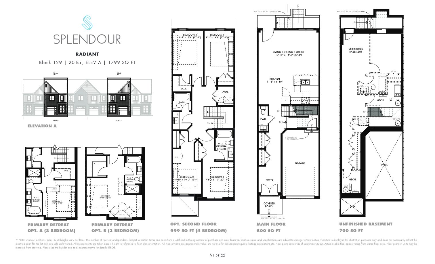 Radiant townhome floor plan, 1,799 sq ft, with Primary Retreat options