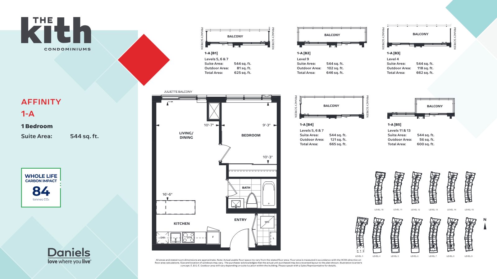 Affinity 1-A one-bedroom floor plan, 544 sq. ft.