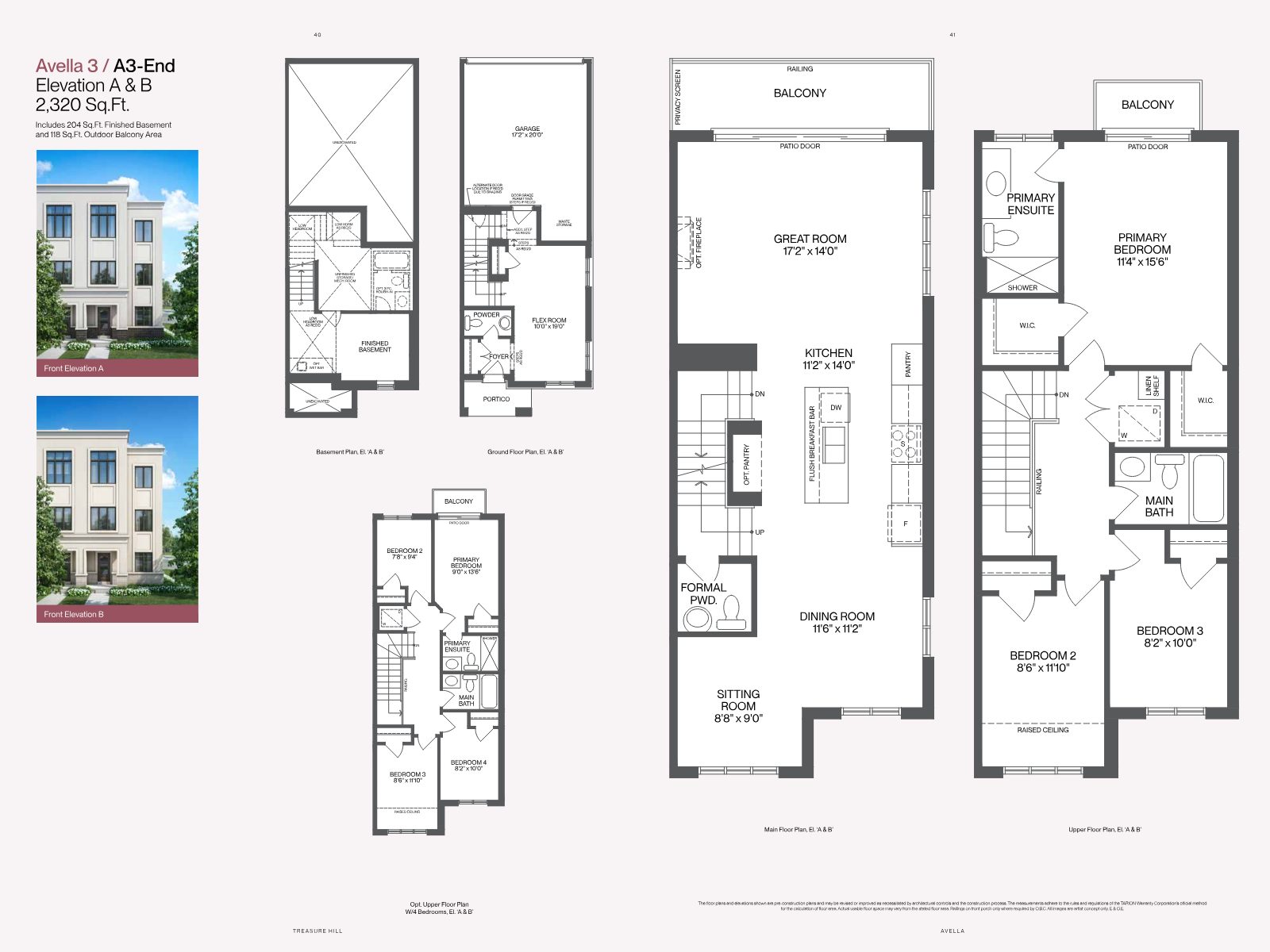 Avella 3 A3-End floor plan, 2,320 sq ft, Elevation A and B
