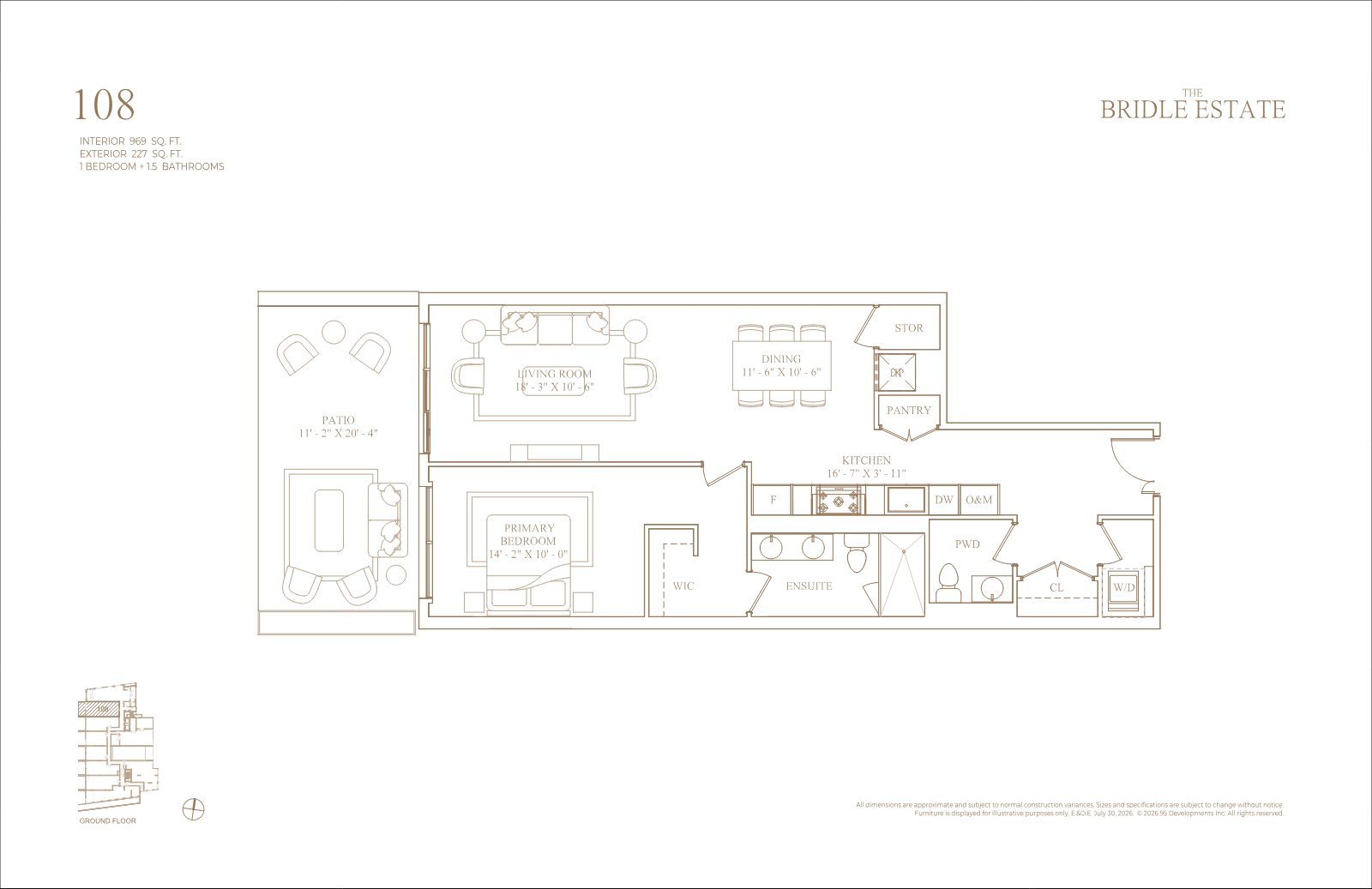 Floor plan of suite 108, 1 bedroom and 1.5 bathrooms with pantry and patio