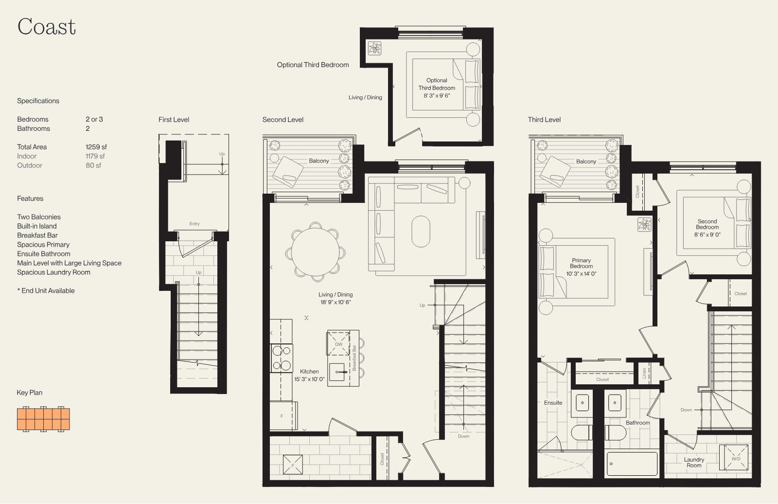 Coast floorplan: multi-level 2 or 3 bedroom townhome with two balconies and spacious laundry room