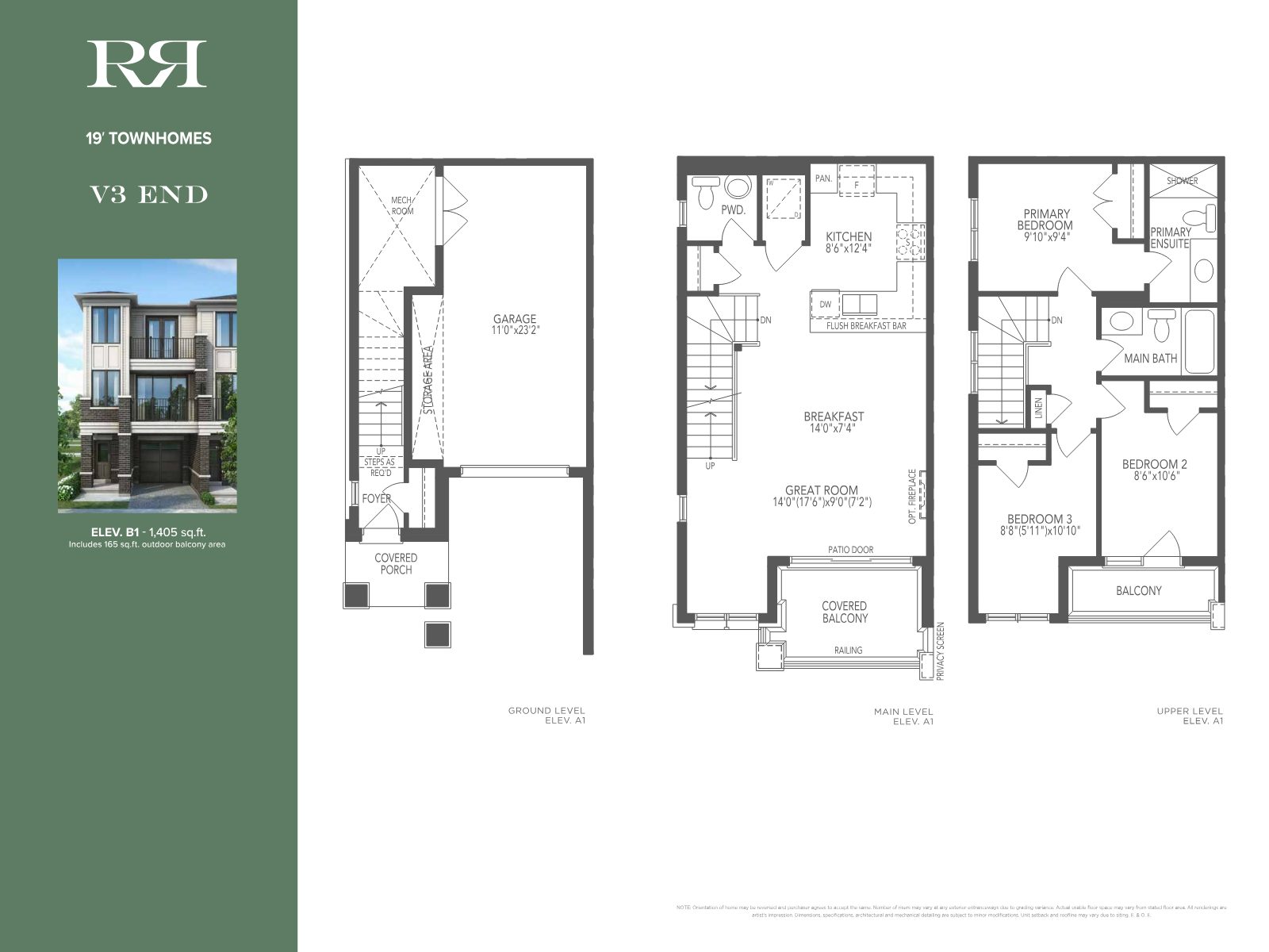 V3 End 19-foot townhome alternate floor plan, 1,405 sq ft