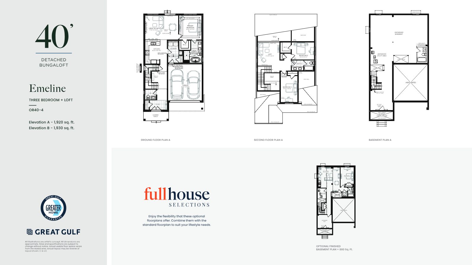 Emeline Bungaloft floor plans showing ground floor primary bedroom, second floor loft and optional finished basement