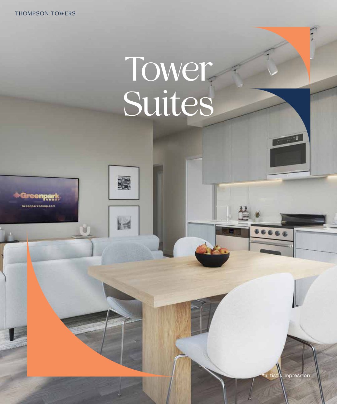 Interior of a Thompson Towers suite with open kitchen and dining