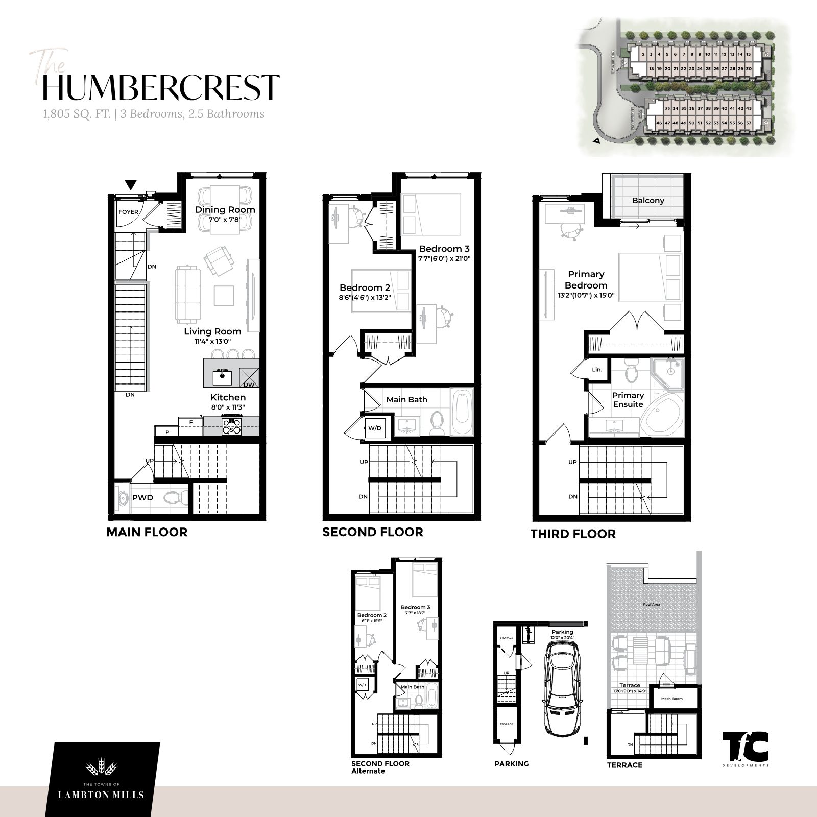 The Humbercrest floor plan: 1,805 sq ft, 3 bedrooms, 2.5 bathrooms, with main, second, third floor, parking and terrace levels