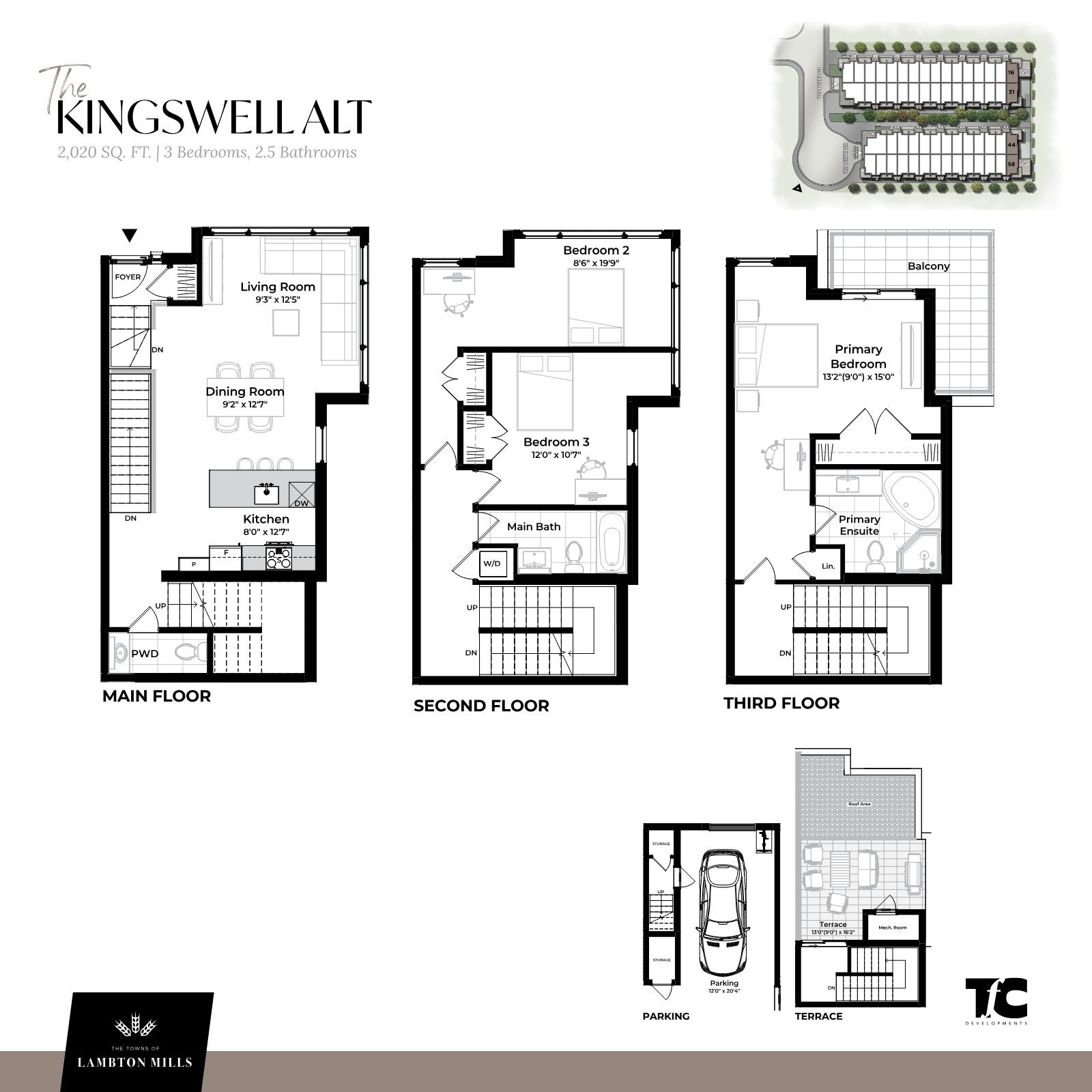 The Kingswell Alt floor plan: 2,020 sq ft, 3 bedrooms, 2.5 bathrooms, with wraparound balcony off the primary bedroom