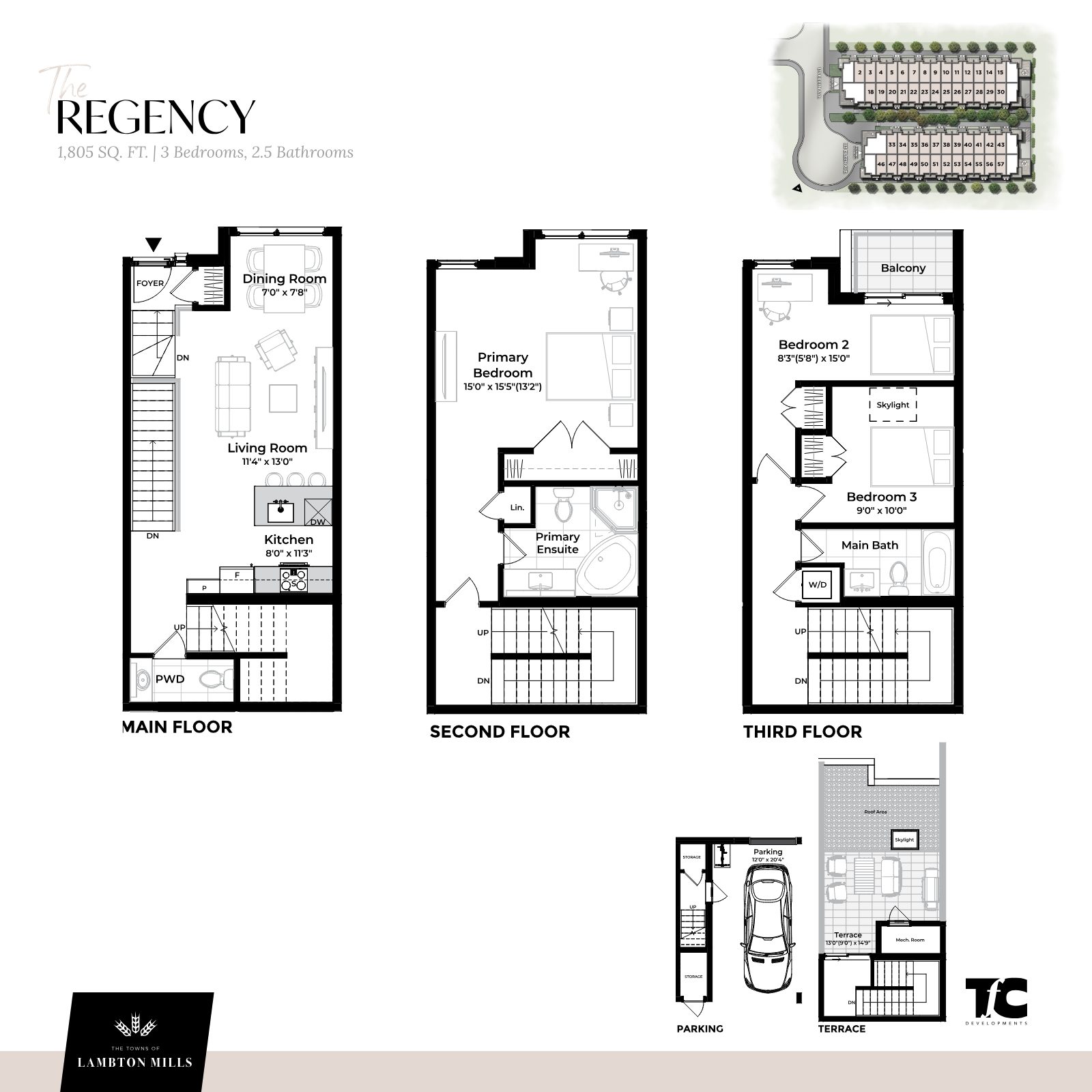The Regency floor plan: 1,805 sq ft, 3 bedrooms, 2.5 bathrooms, with second-floor primary suite and skylight