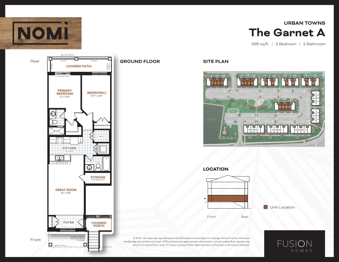 The Garnet A floorplan: 995 sq. ft., 2 bedroom, 2 bathroom main-level suite
