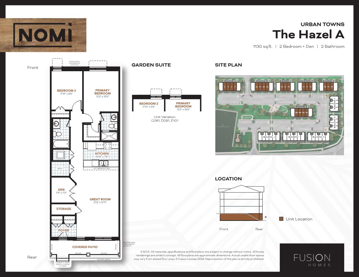 The Hazel A floorplan: 1,130 sq. ft., 2 bedroom plus den garden suite