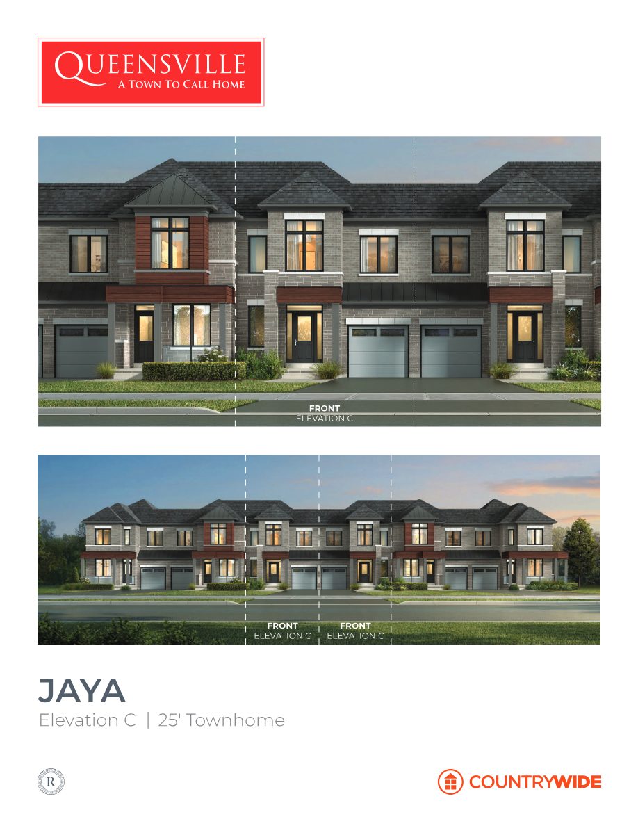 Rendering of Queensville 25-foot freehold townhomes, Jaya model Elevation C, with grey brick and wood-tone accents at dusk
