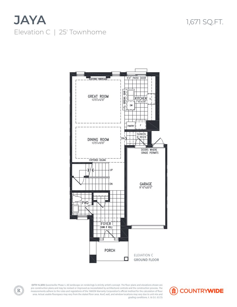 Jaya Elevation C ground floor plan with great room, dining room, kitchen and garage