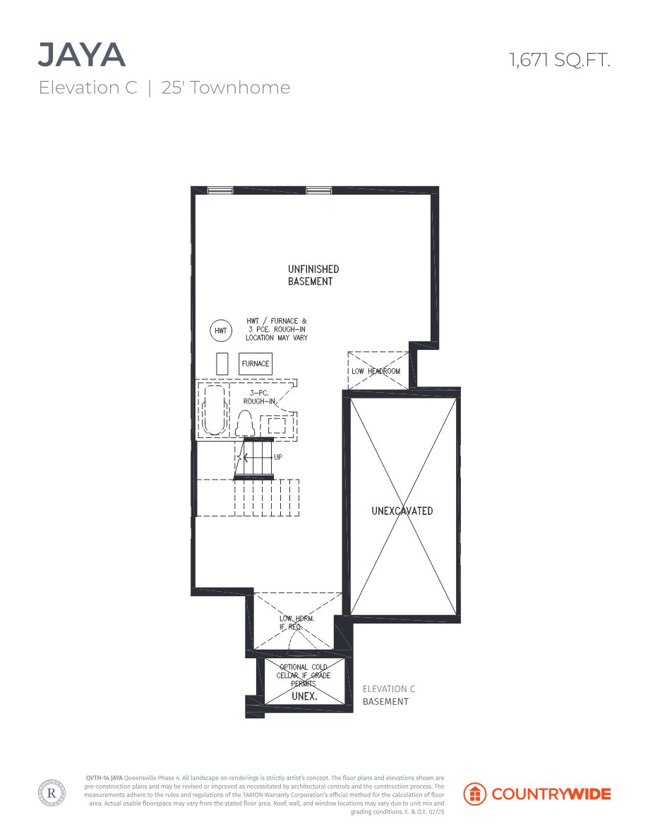 Jaya Elevation C unfinished basement plan with 3-piece rough-in