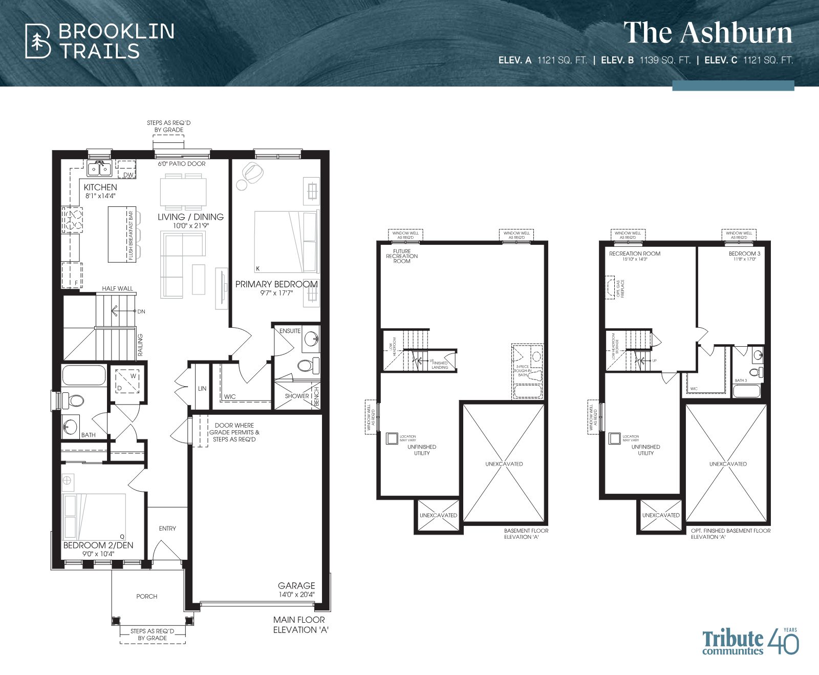 The Ashburn bungalow floor plan — main floor, basement and optional finished basement, Elevation A