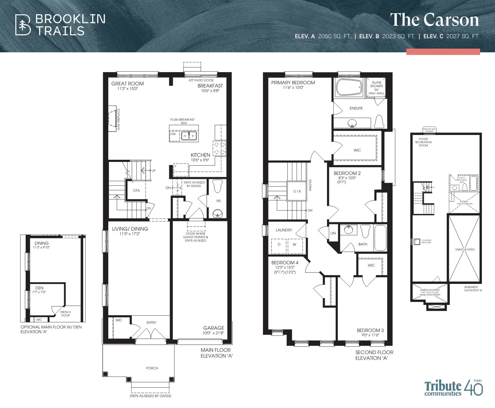 The Carson floor plan — main floor, second floor and basement, Elevation A